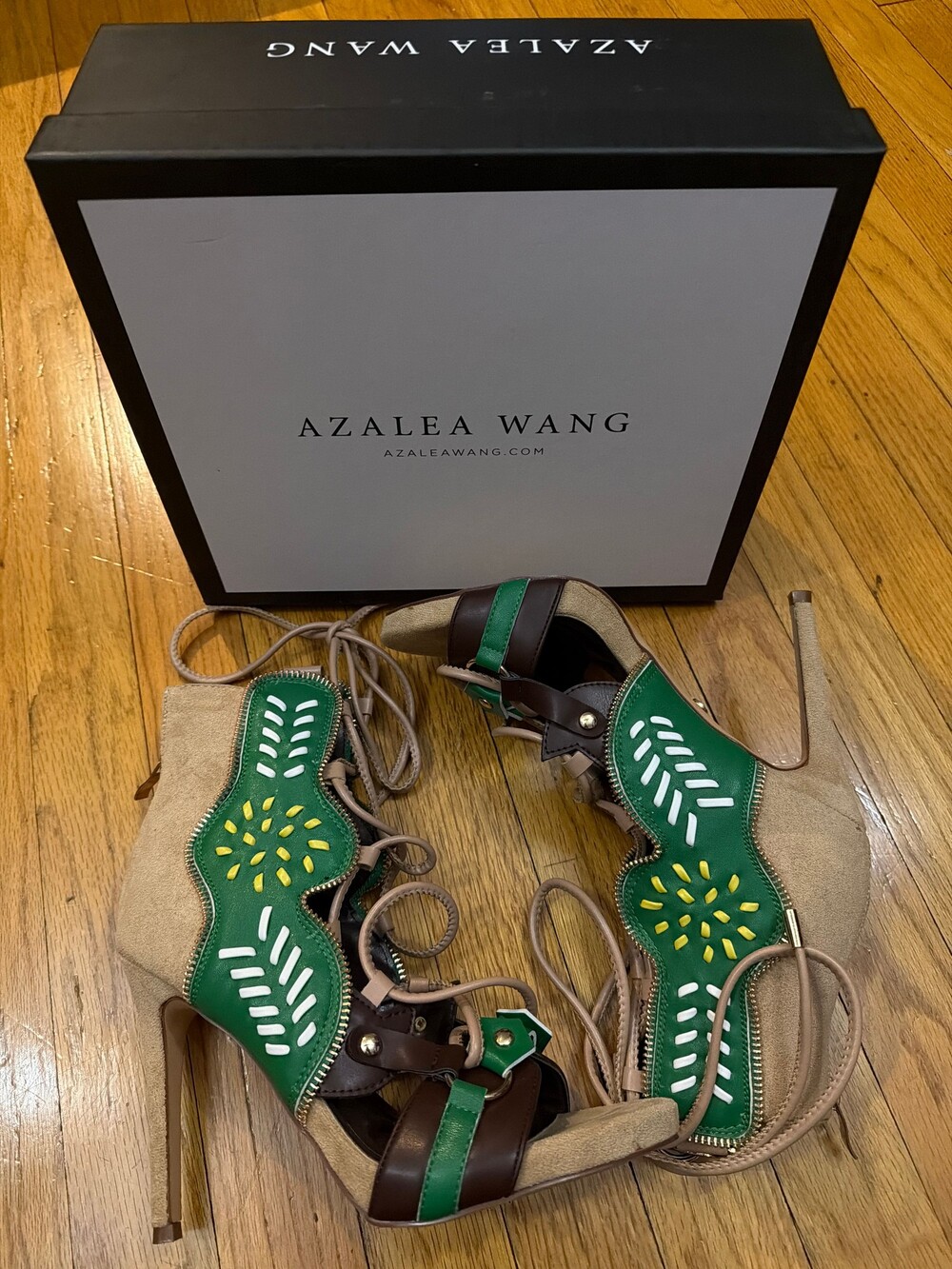 Azalea Wang High Heel Sandals Beige Suede Green Leather Shoes